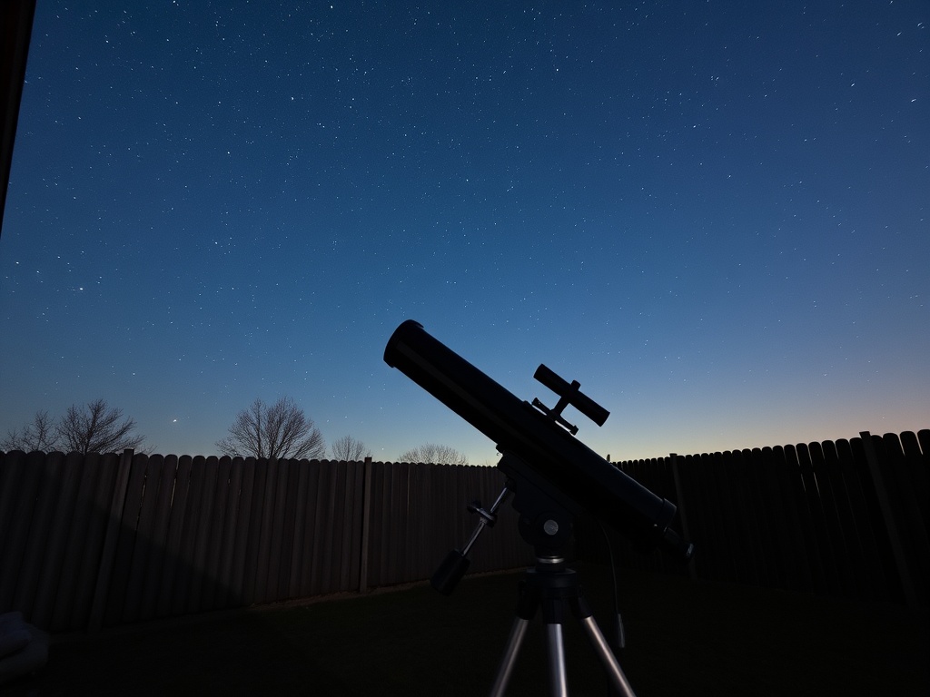 A telescope set up in a backyard under a starry night sky