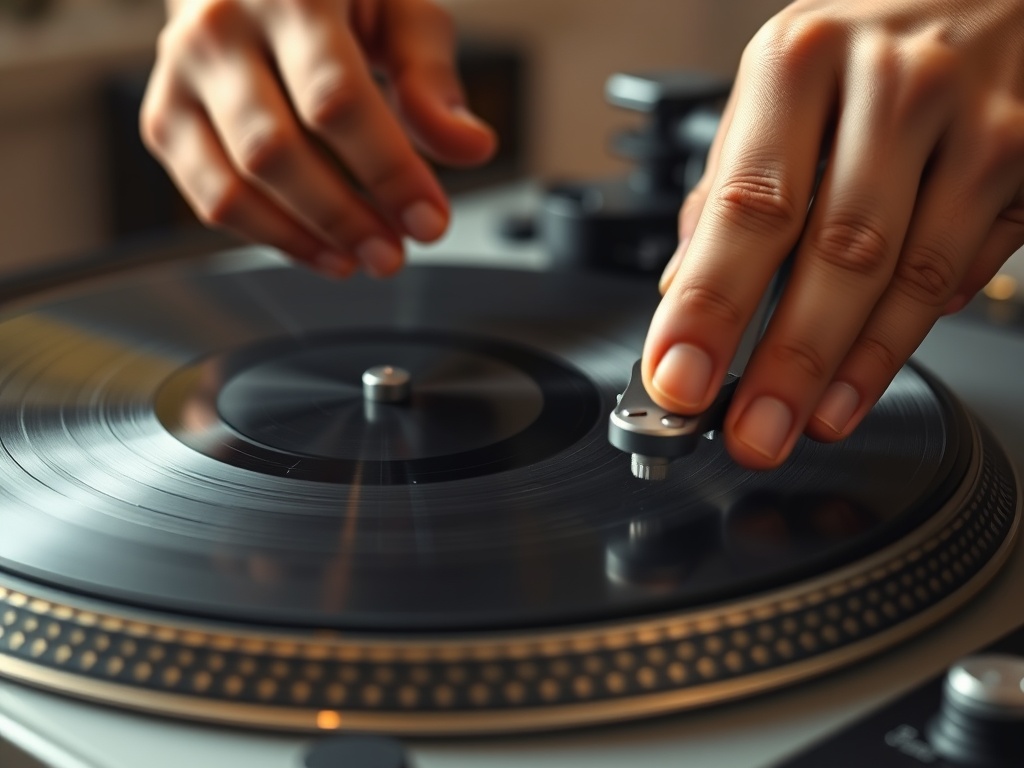 Hands setting the tracking force on a turntable tonearm over a spinning record