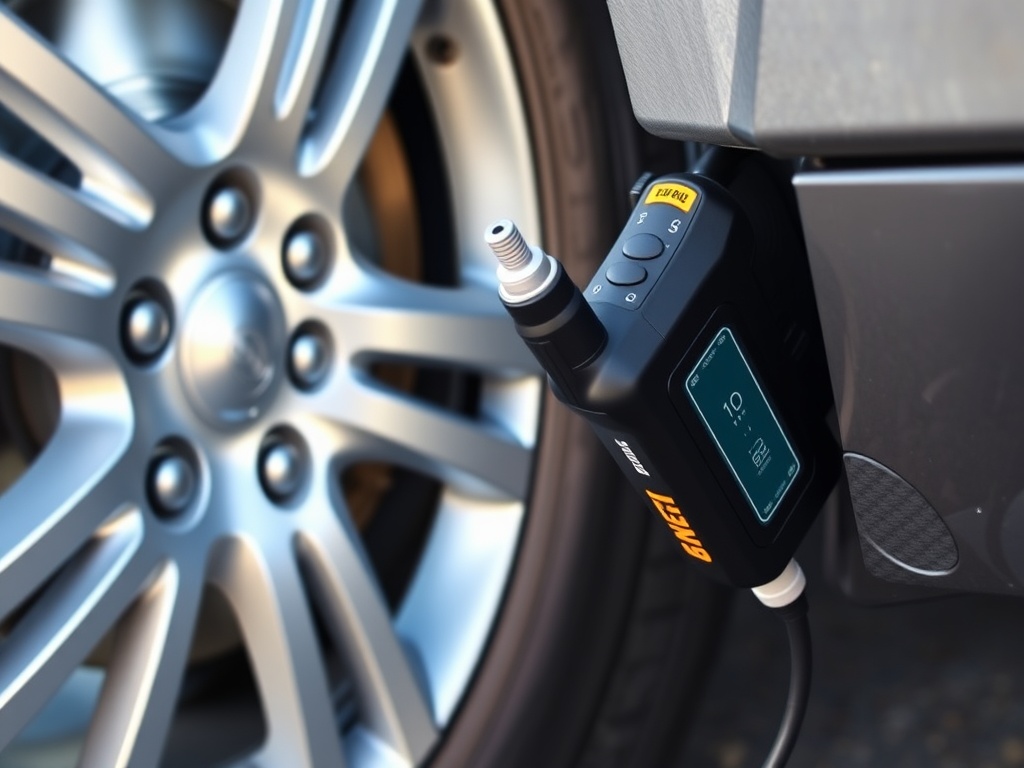 A portable cordless tire inflator connected to a car tire