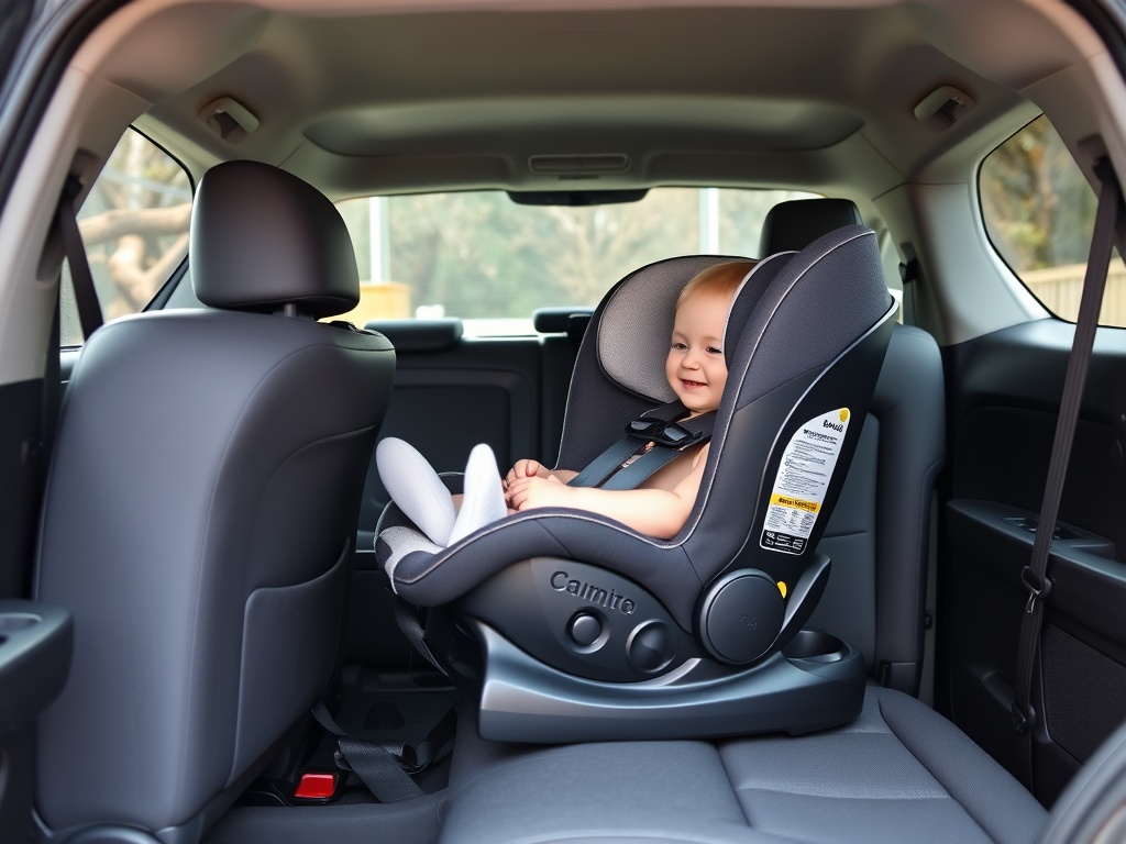 A modern convertible baby car seat installed in the back of a car