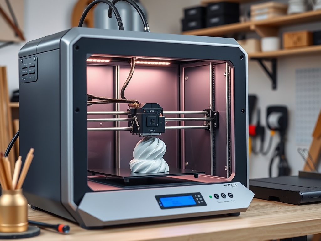 A modern desktop 3D printer printing an object in a home workshop