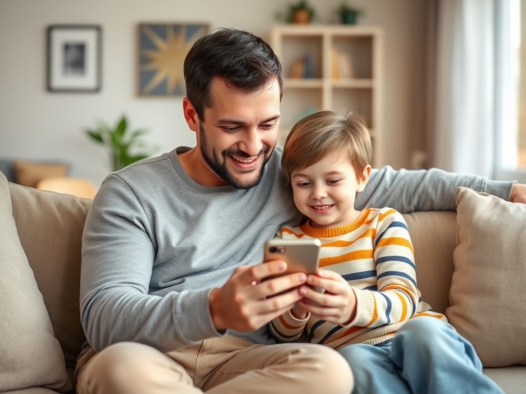 A parent and child sitting together looking at a smartphone in a warm living room
