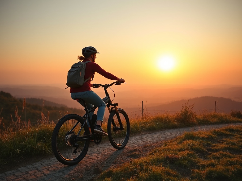 A person riding an electric bike on a scenic trail at golden hour