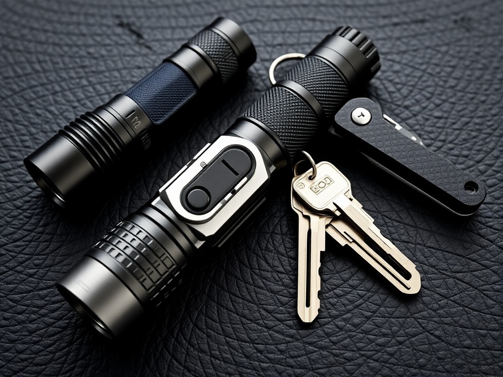 A compact EDC flashlight, a pocket knife and keys on a dark surface