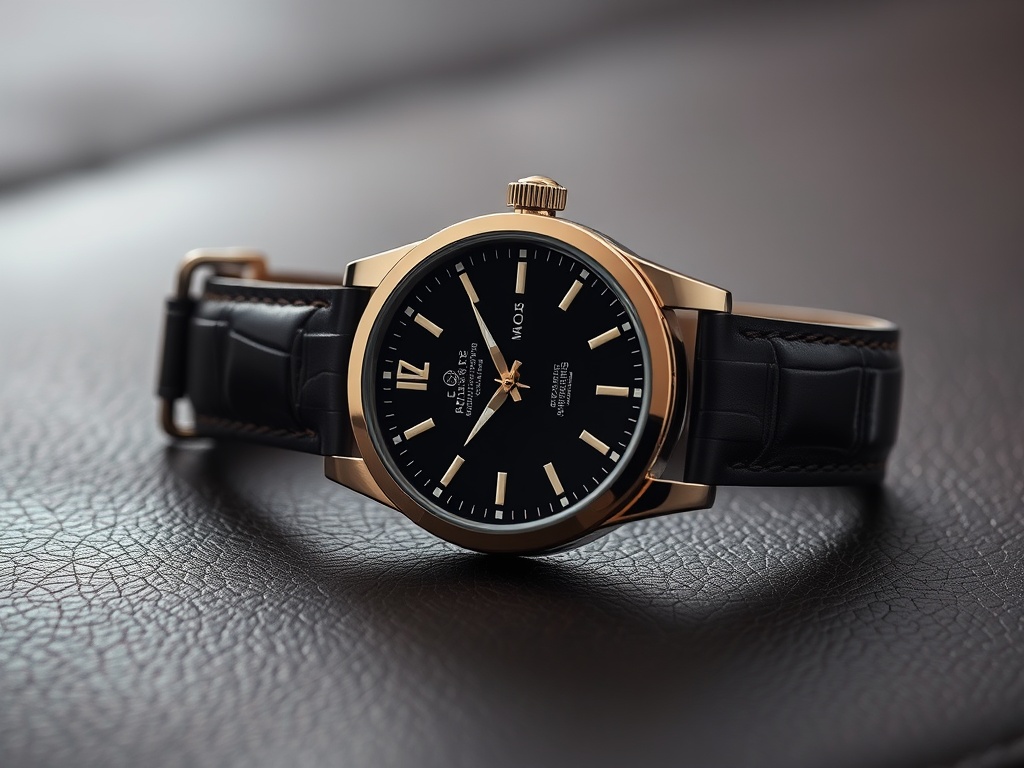 A luxury automatic wristwatch resting on a leather surface