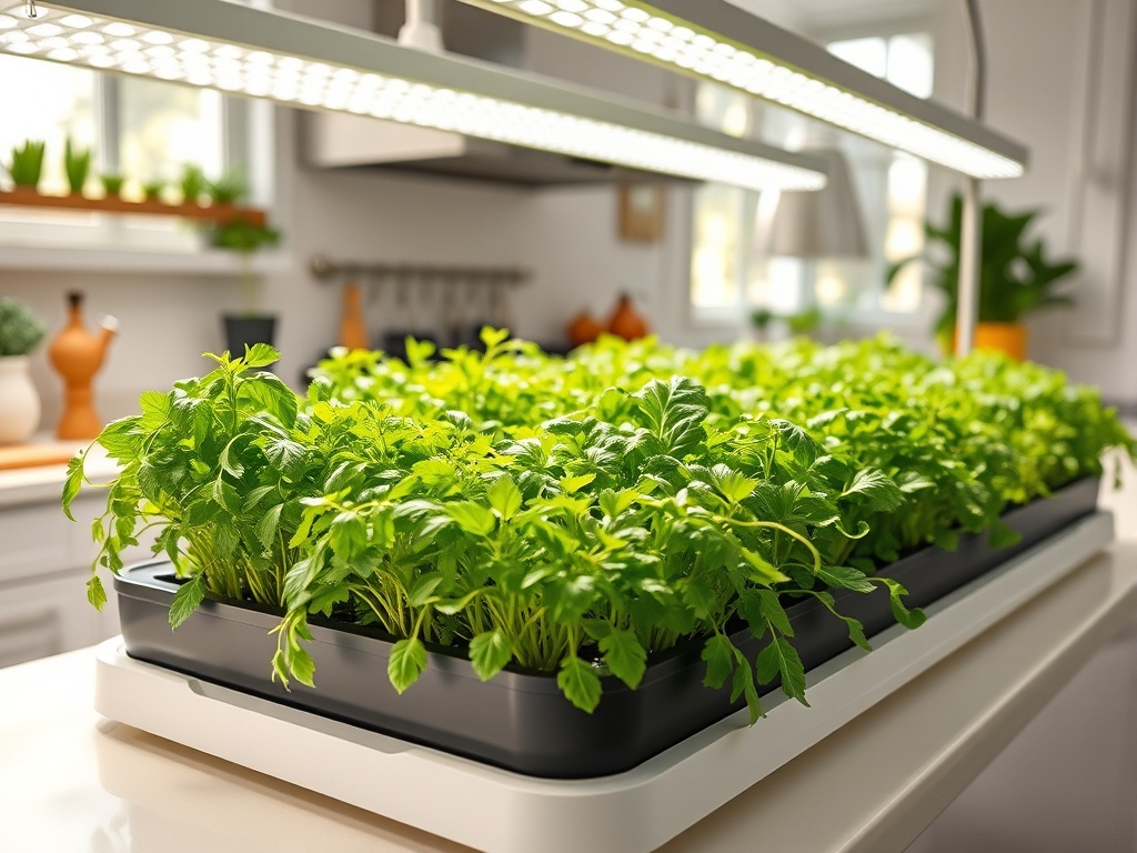 A lush indoor hydroponic garden with fresh herbs growing under soft light