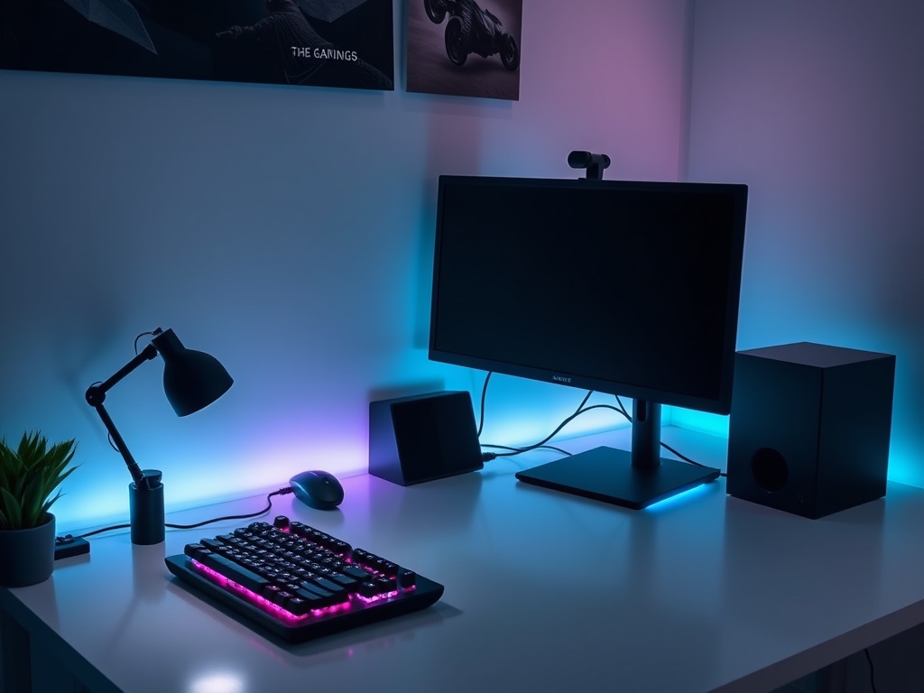 A clean modern gaming desk with a monitor, keyboard and RGB lighting