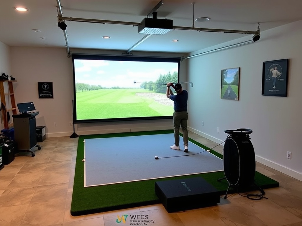 A home golf simulator setup in a garage with a hitting mat and screen