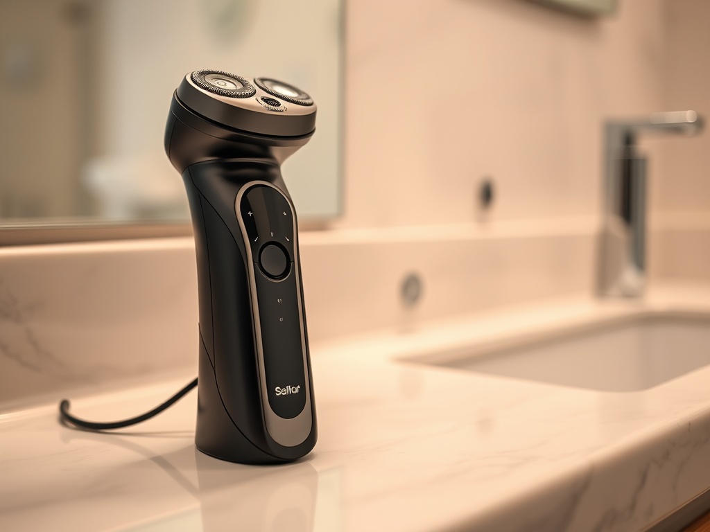 A modern electric shaver on a clean bathroom counter