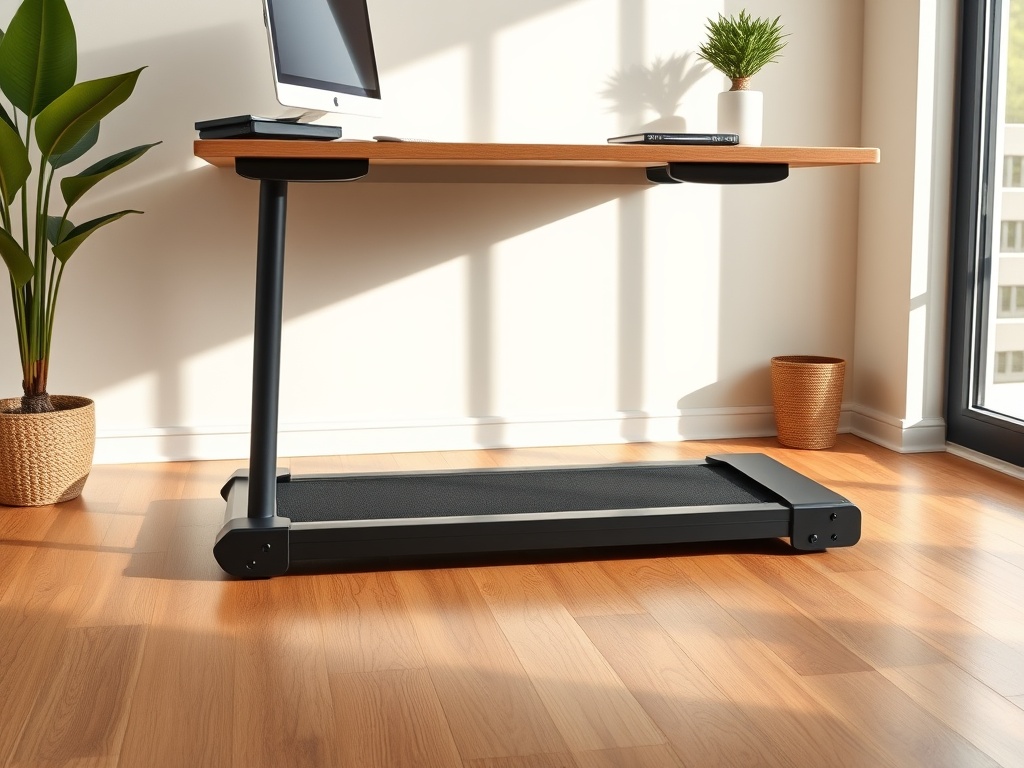 A slim under-desk walking pad treadmill in a bright home office