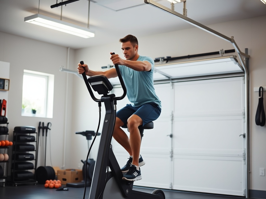 A person mid-exercise on a cable machine in a home gym