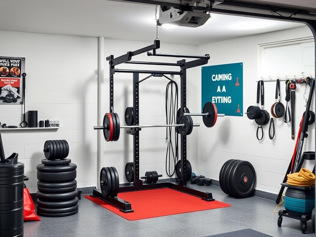 A compact home gym in a bright garage corner with a rack and weights