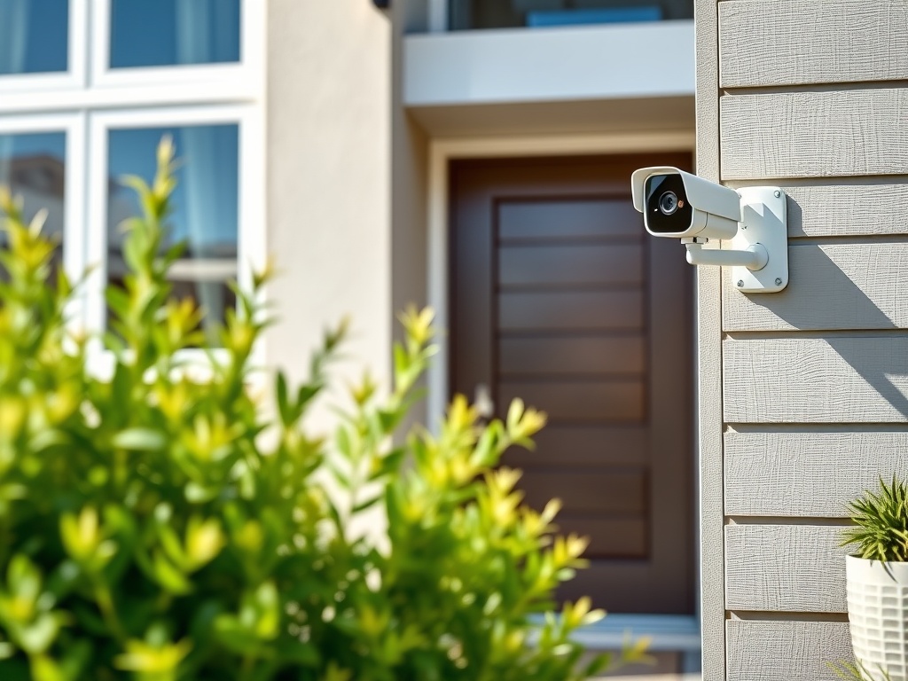 A modern house exterior with a video doorbell and a security camera