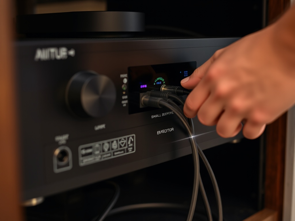 Hands connecting speaker cables to the back of an AV receiver