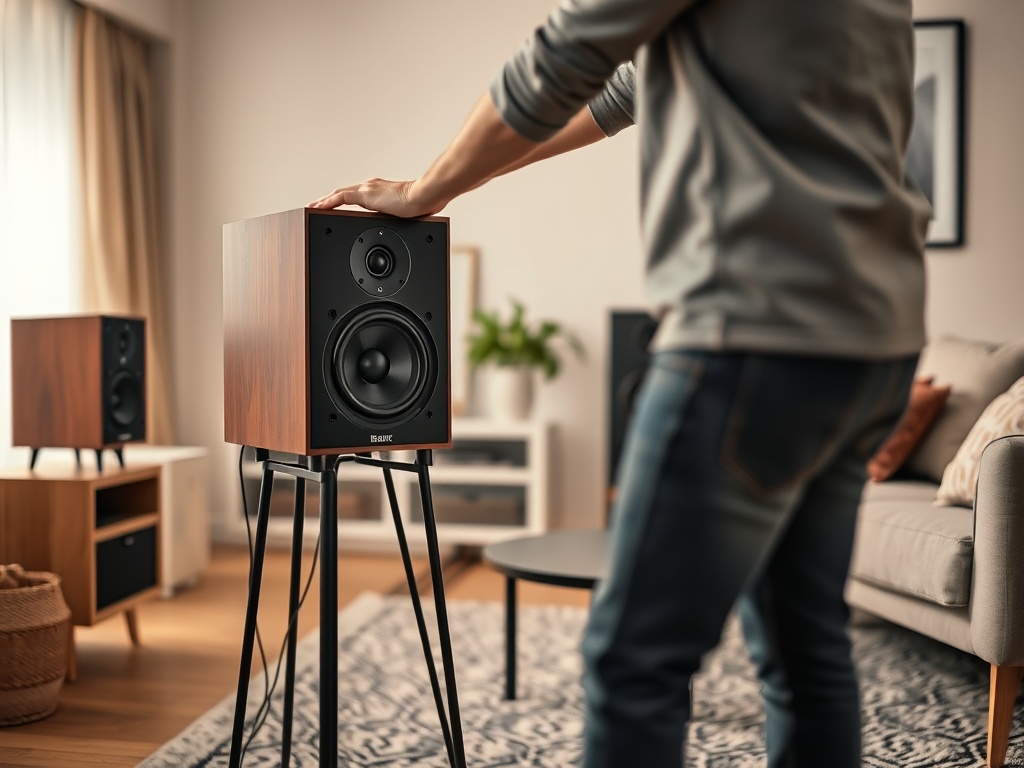 A person positioning a bookshelf speaker on a stand in a warm living room