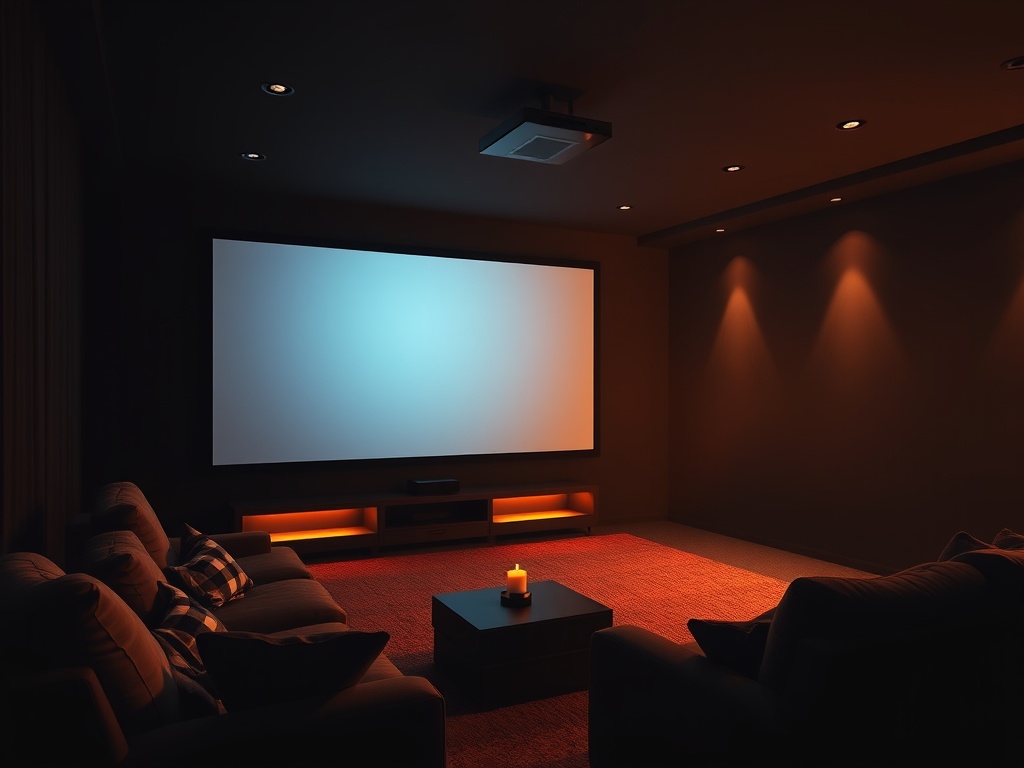 A cozy dark home cinema room with a large glowing projector screen