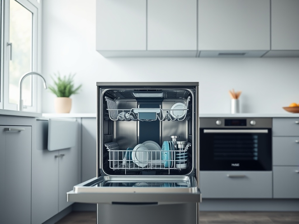 A modern stainless steel dishwasher open in a bright kitchen
