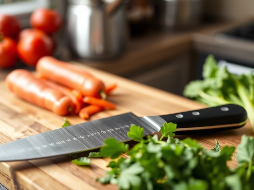 A professional chef knife on a wooden cutting board with vegetables