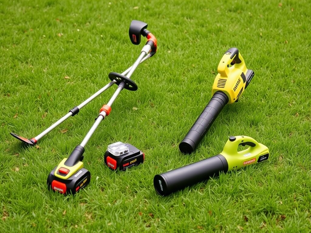 Cordless lawn and garden power tools on a green lawn
