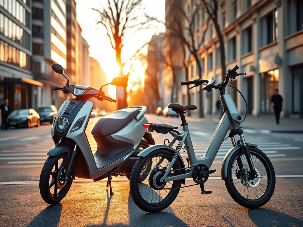 An electric scooter and an electric bike side by side on a city street