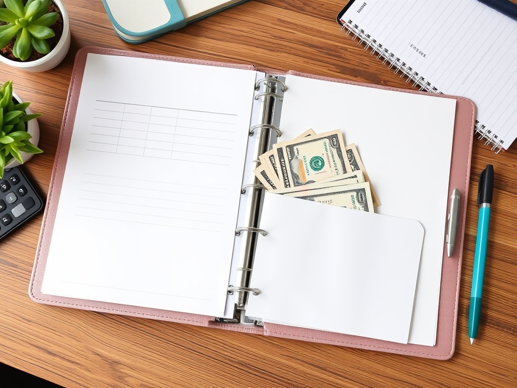 A cash budgeting envelope binder with money and a notebook on a desk