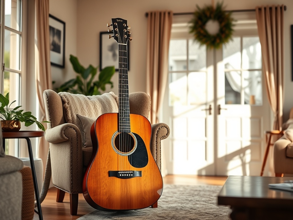 An acoustic guitar resting against a chair in a warm cozy room