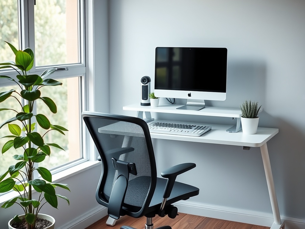 A tidy ergonomic home office desk with a monitor, chair and plant by a window
