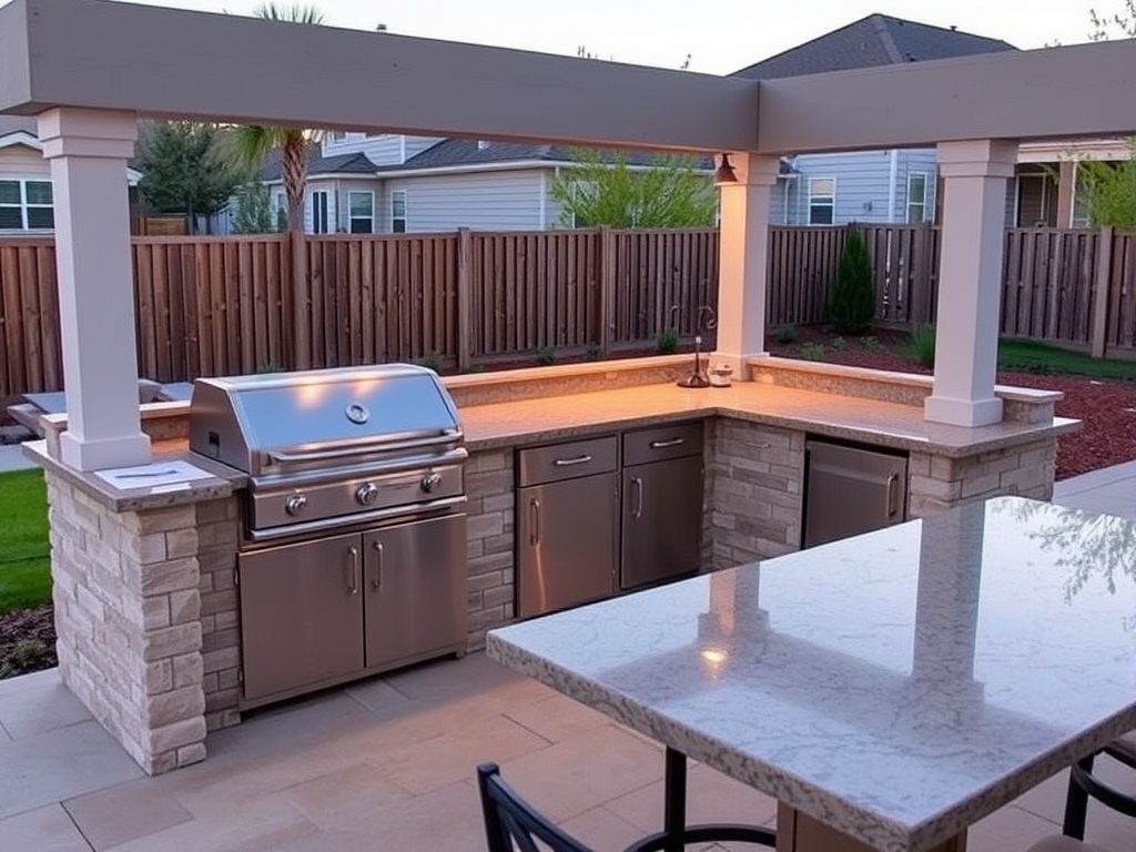 A stylish built-in outdoor kitchen with a grill and counter on a backyard patio