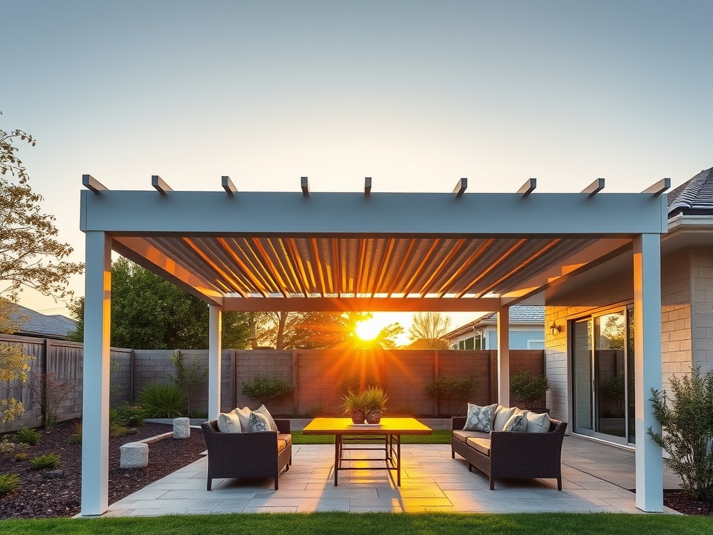 A modern aluminium louvered pergola over a backyard patio at golden hour