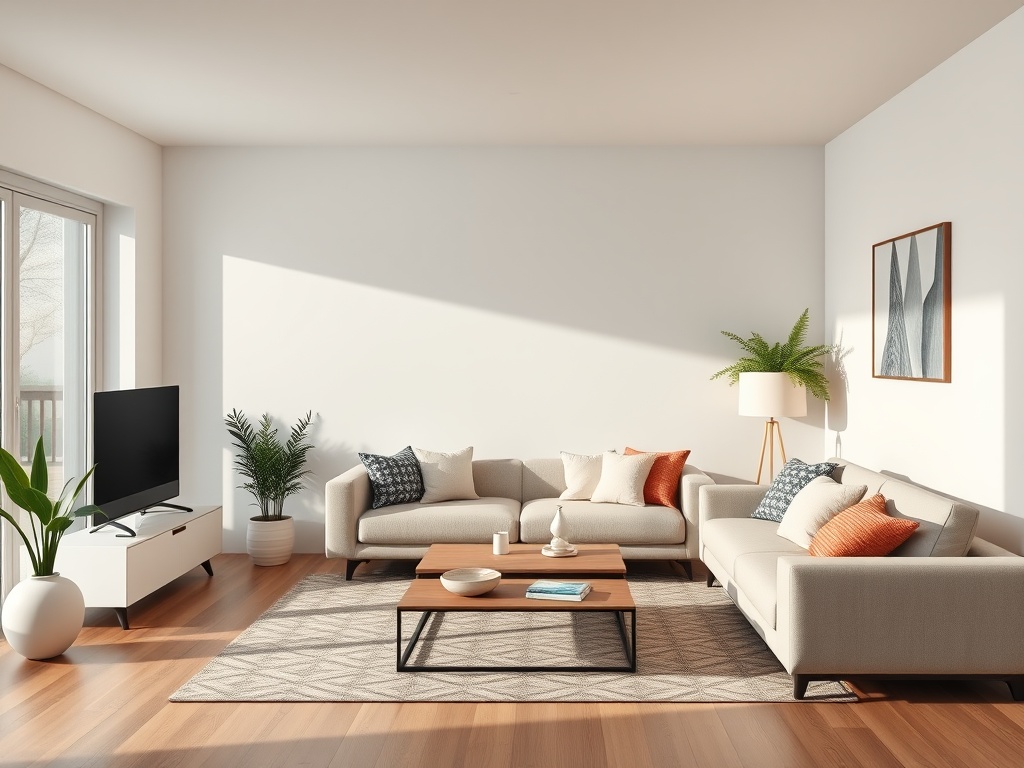 A bright modern smart home living room with a speaker and thermostat