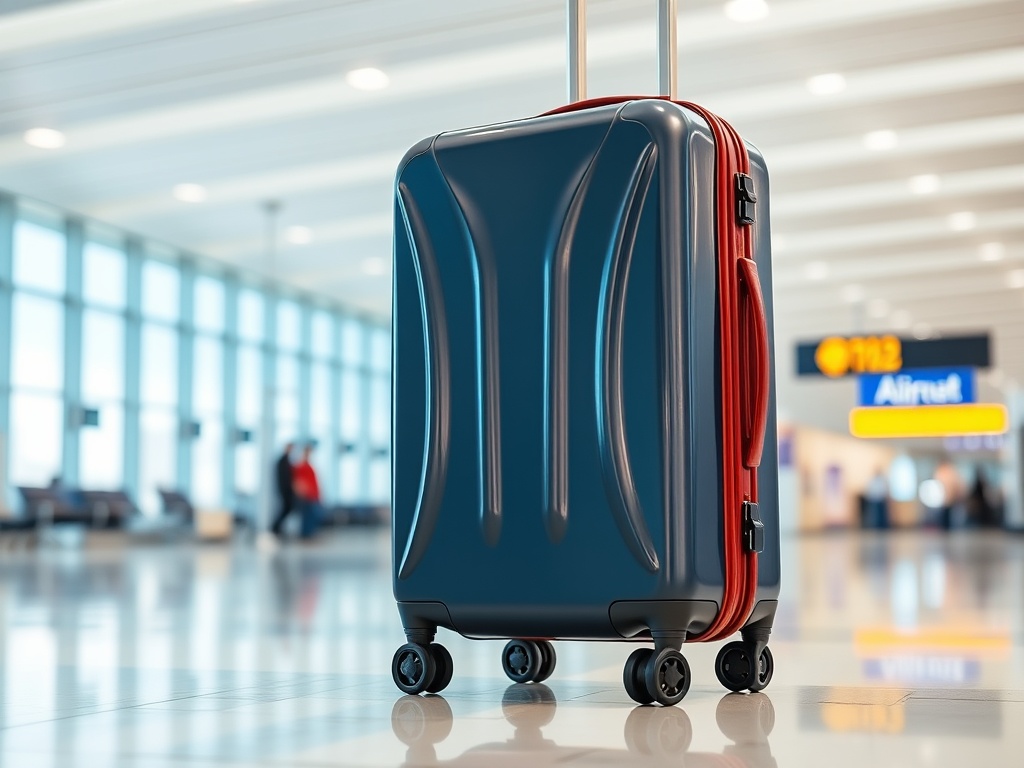 A stylish hard-shell carry-on suitcase in a bright airport terminal