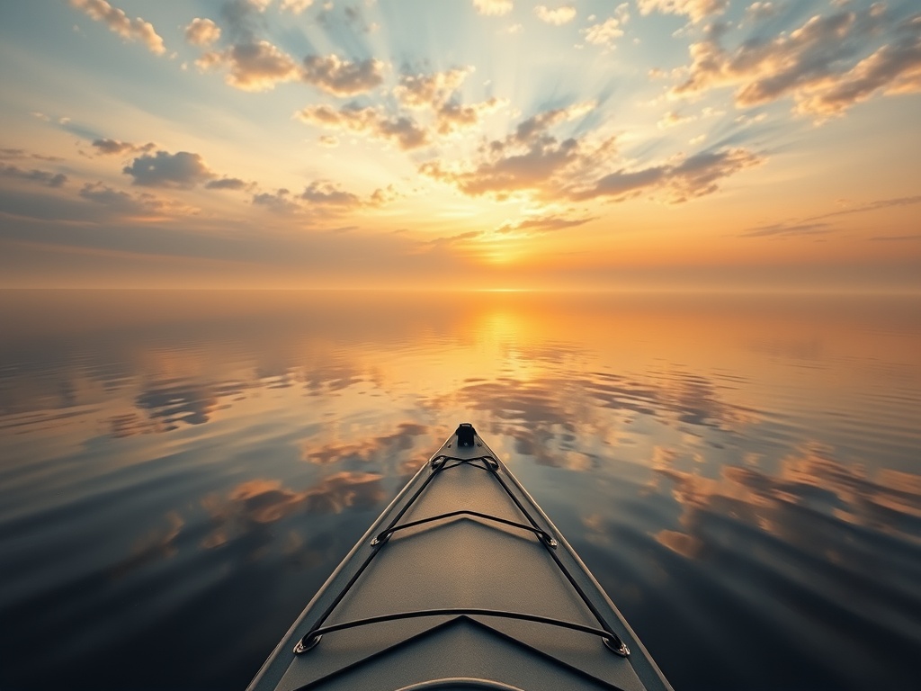 A fishing kayak on a calm lake at golden hour