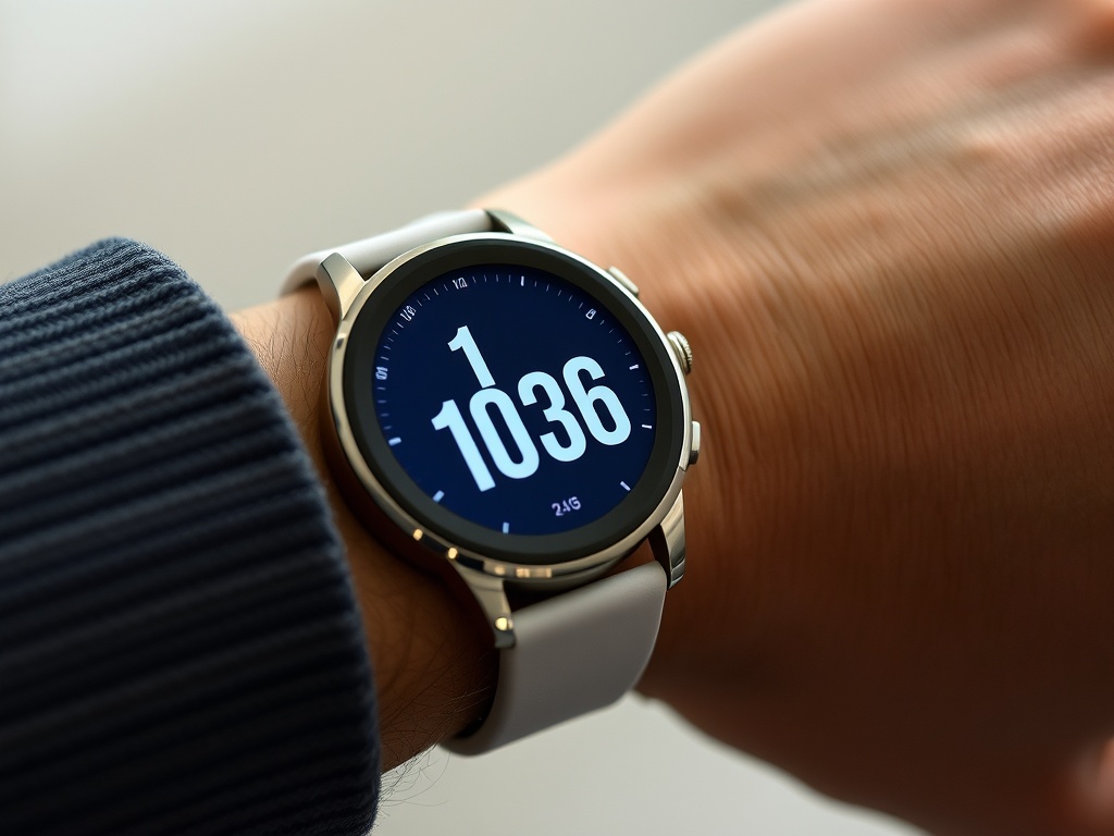 A premium smartwatch on a wrist showing a fitness display