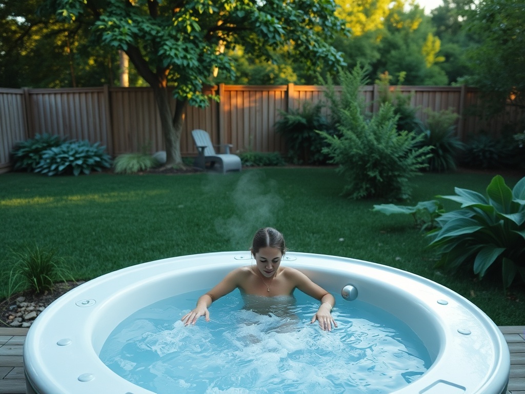 A person stepping into a cold plunge tub in a serene backyard at morning light