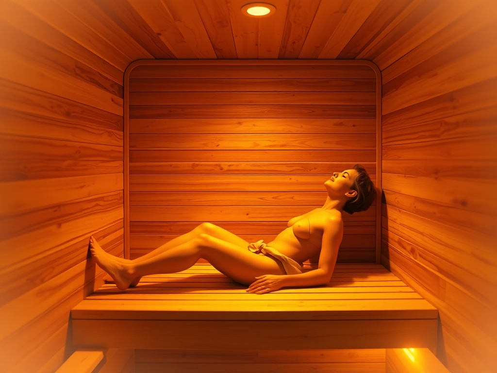 A person relaxing inside a warm wooden infrared sauna at home